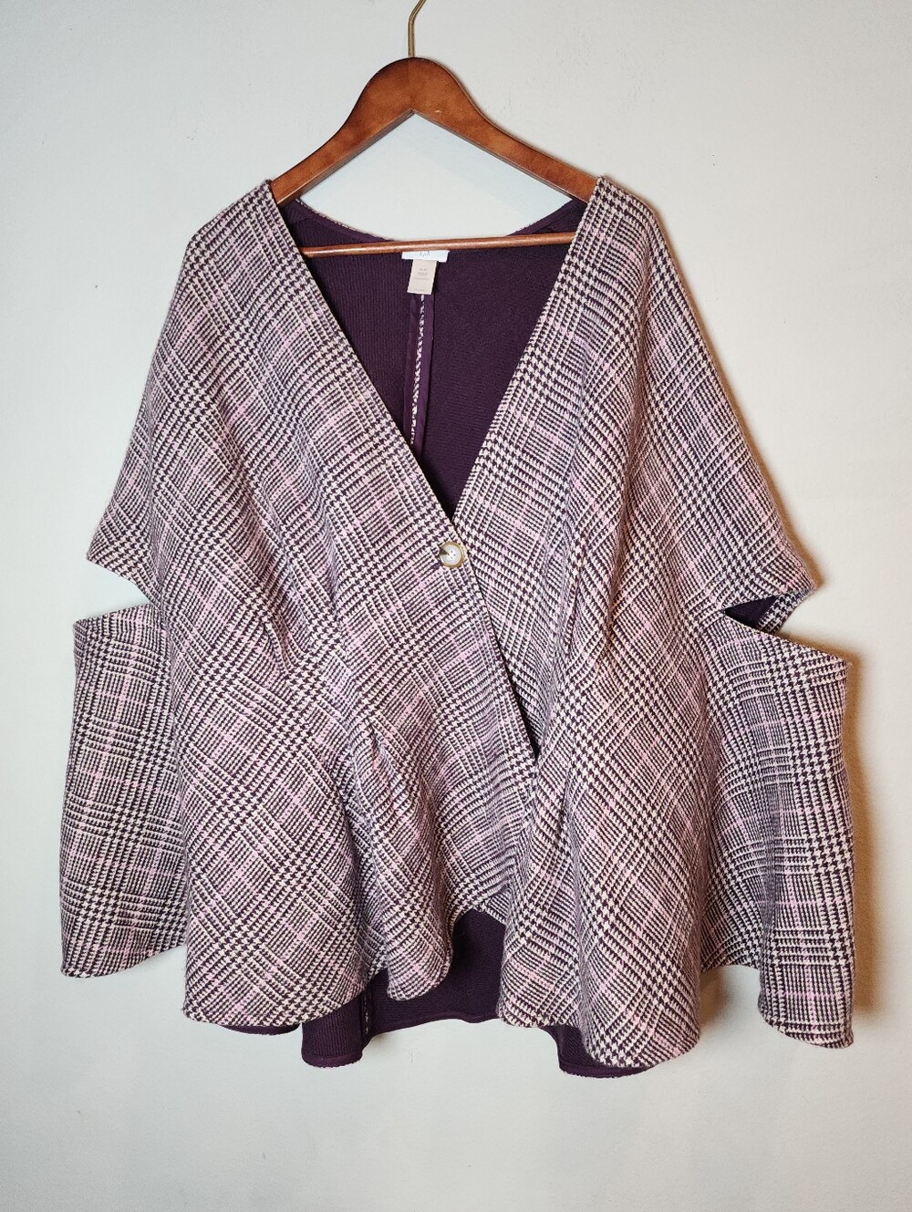XL-3X J. Jill Poncho Cape Cloak Coat Single Button Purple Plaid Faux Wool